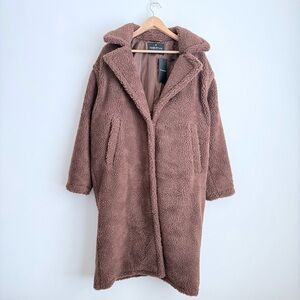 Fabletics Women's Cozy Brown Teddy Long Coat, Hook Closure, Pockets, M